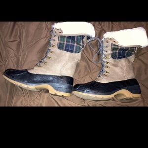 Tan and Black Winter Boots with Plaid Detail